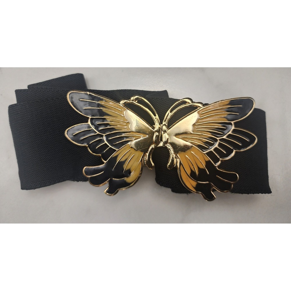 Vintage Butterfly Buckle Black Elastic Wide Cinch Waist Belt Gold Enamel